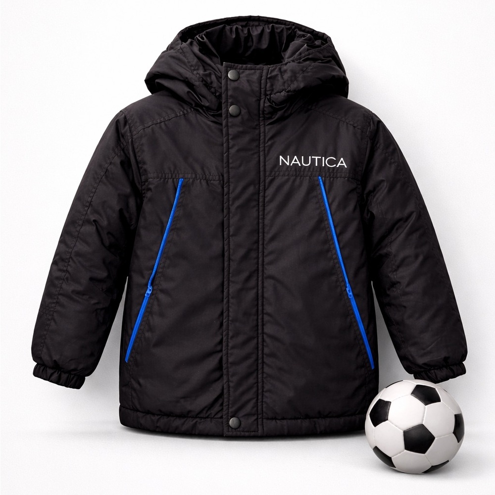 Nautica Boys Hooded Puffer Jacket Black Blue Size 8